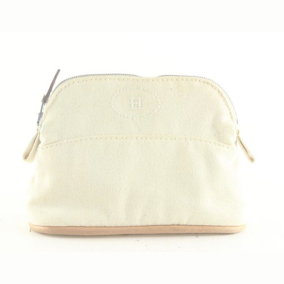 HERMES Ivory H Logo Bolide Cosmetic Case Canvas x Leather 1HER727K - Picture 1 of 12